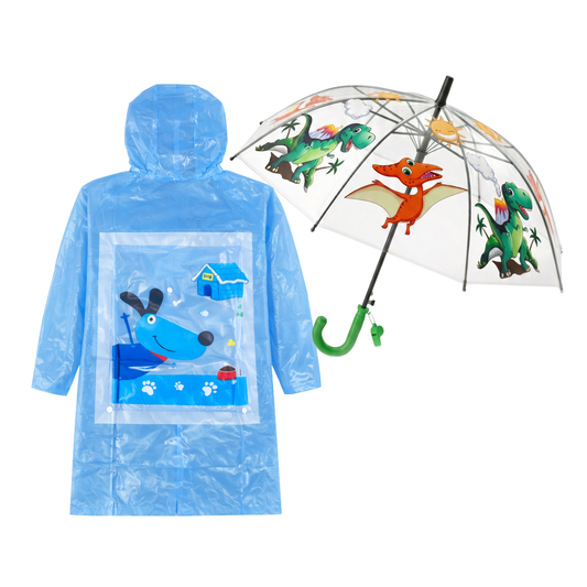 Capa Lluvia Niño Impermeable Perrito + Paraguas Dinosaurio — 3 a 6 años