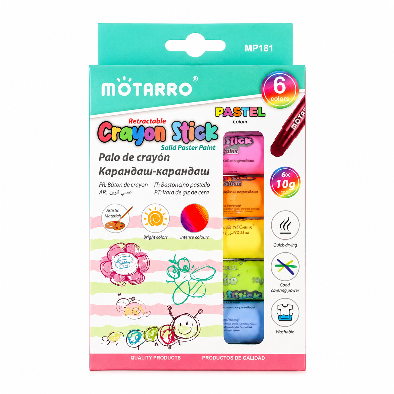 Lápices de Témpera Sólida Retráctiles Pastel – Set de 6 Colores