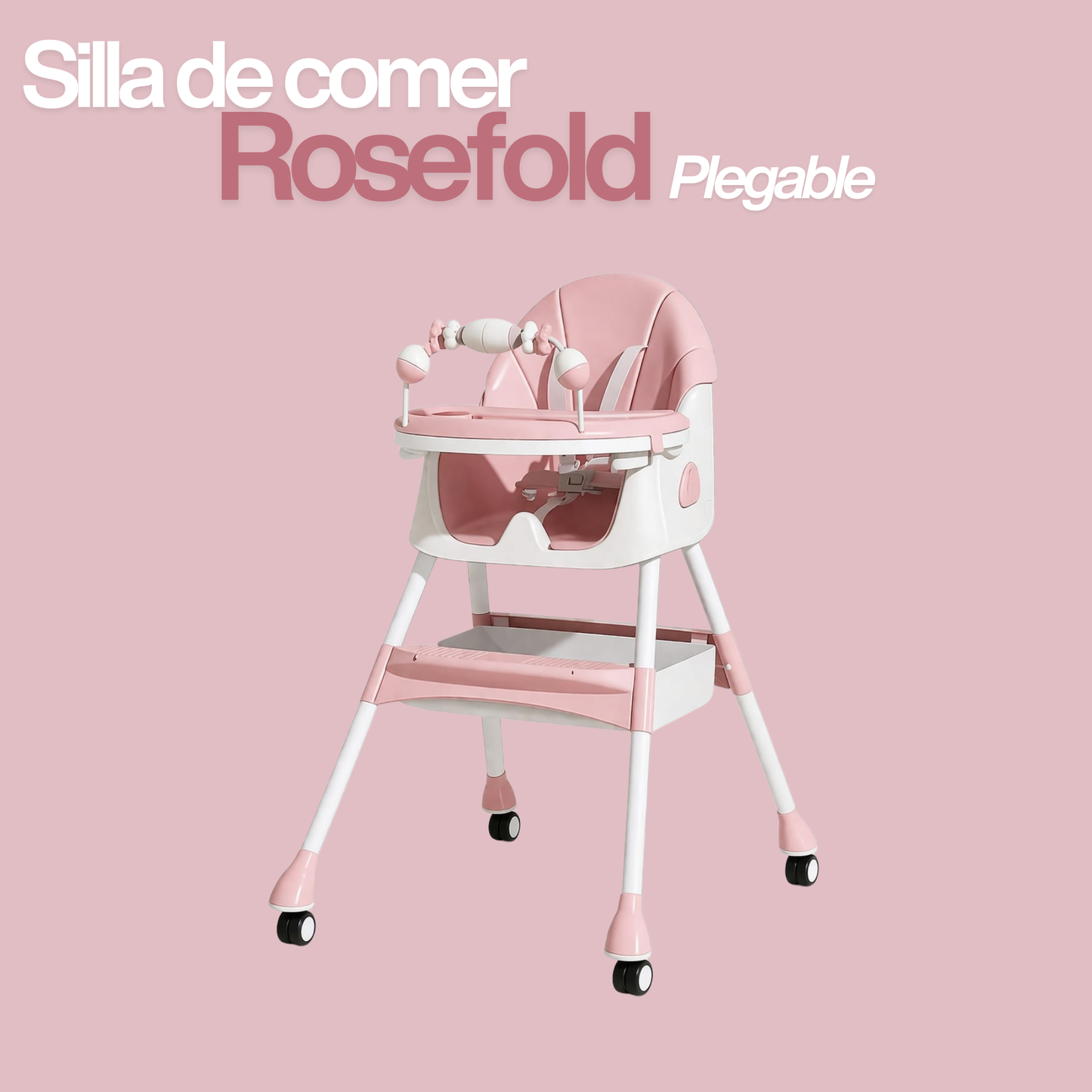 Silla de Comer Bebé Plegable con Ruedas Rosada — 6 a 36 meses