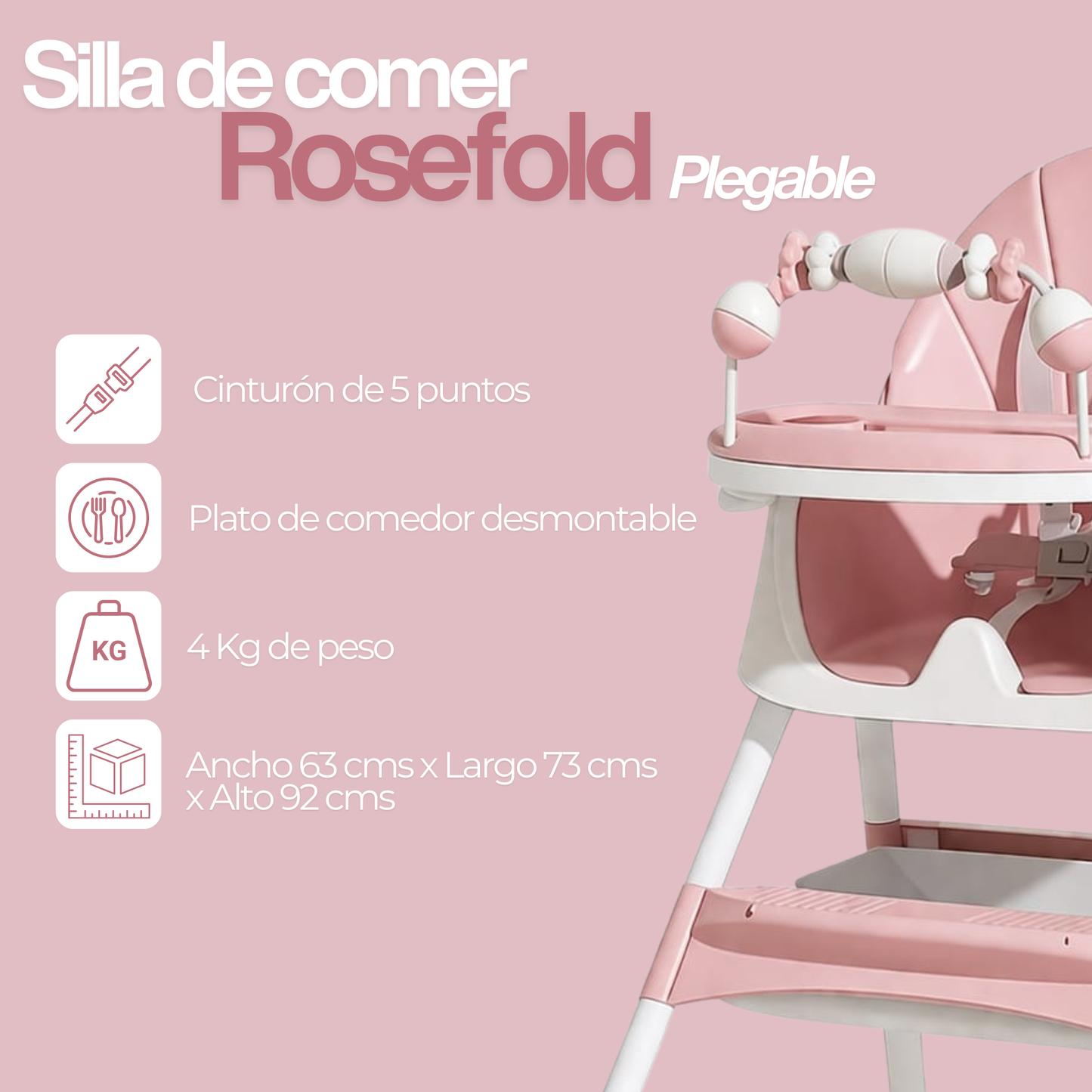 Silla de Comer Bebé Plegable con Ruedas Rosada — 6 a 36 meses