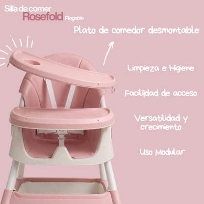 Silla de Comer Bebé Plegable con Ruedas Rosada — 6 a 36 meses