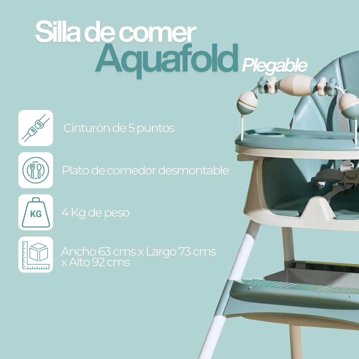 Silla de Comer Bebé Plegable con Ruedas Aqua — 6 a 36 meses