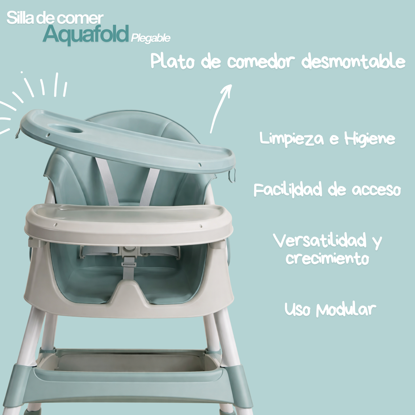 Silla de Comer Bebé Plegable con Ruedas Aqua — 6 a 36 meses